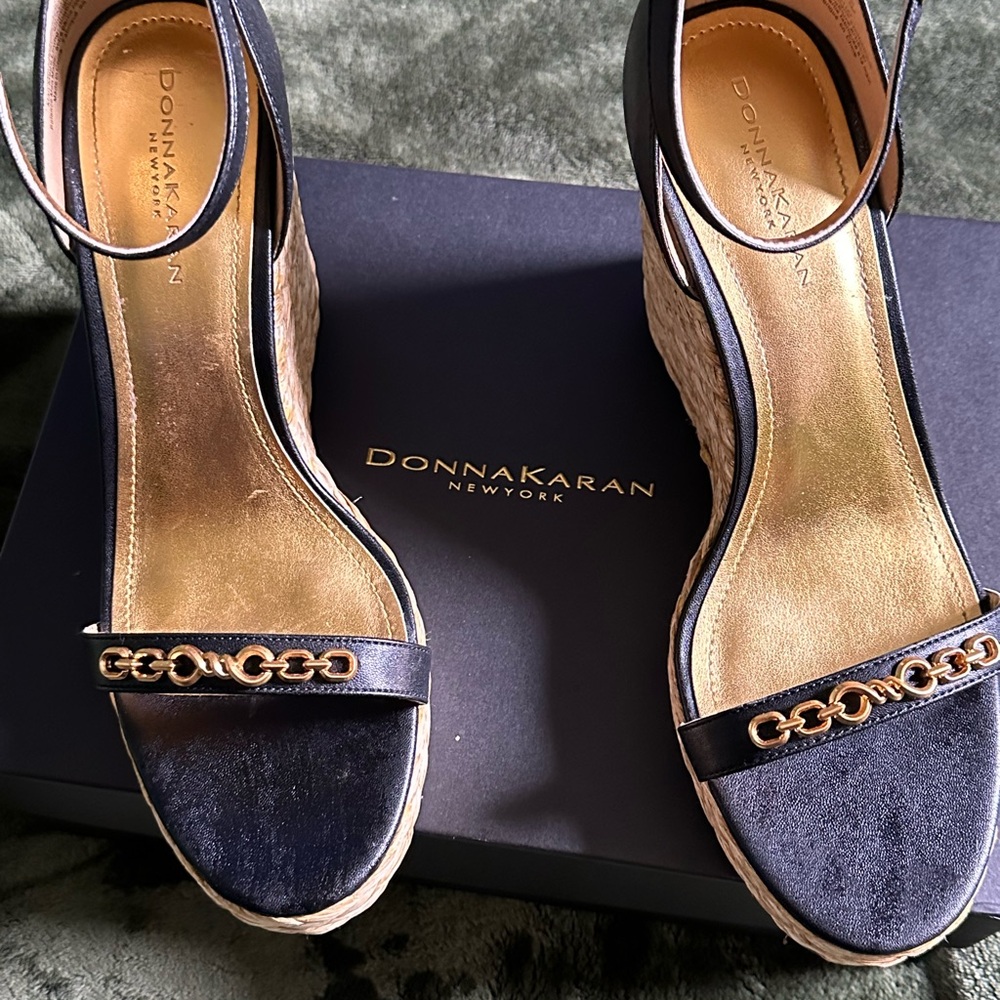 Donna Karan Black and Gold Wedge Shoes